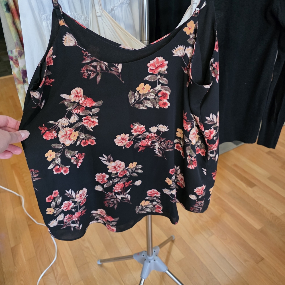 Pink Republic Black Floral Cami with Pink and Peach Blooms - Picture 3 of 8